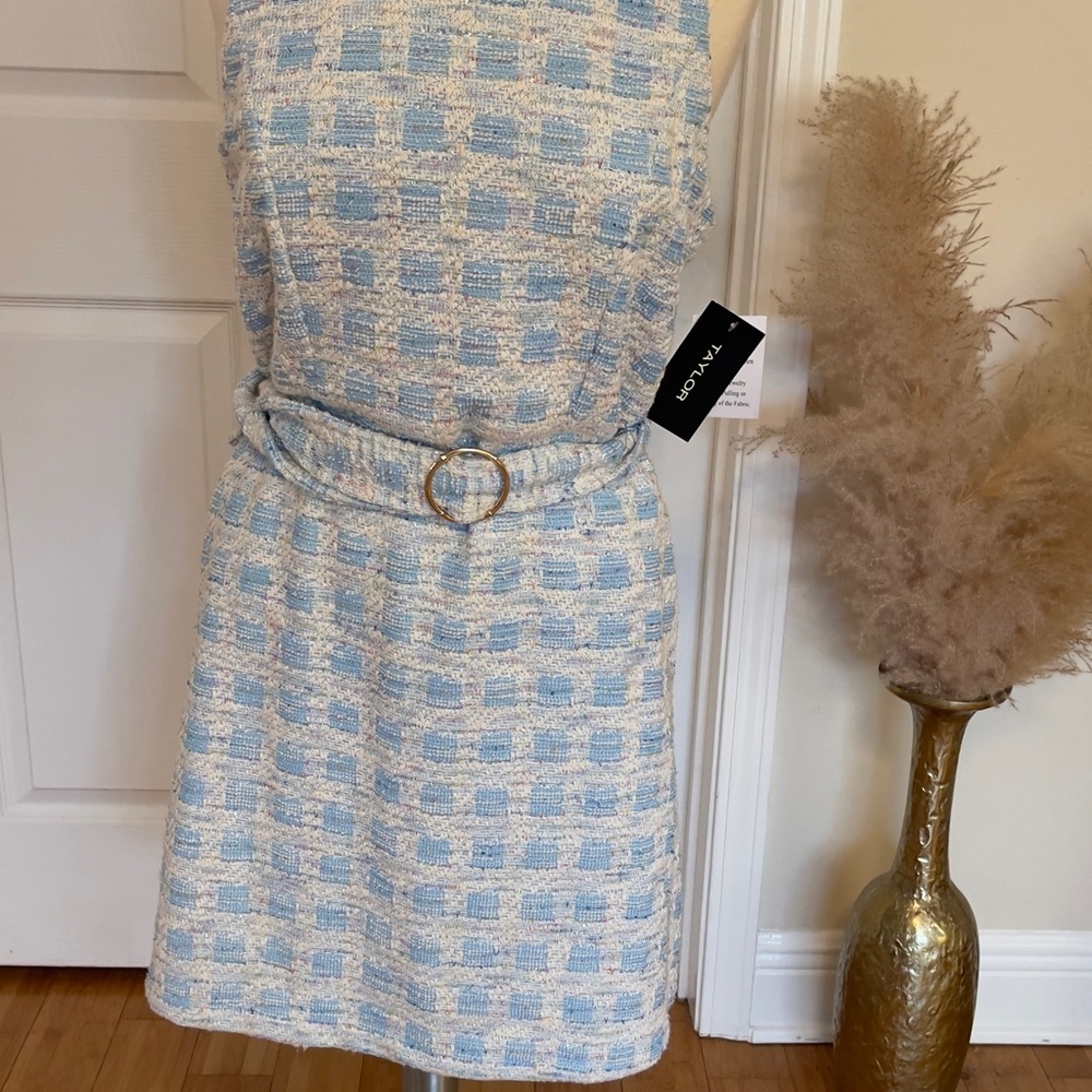 Tahari Textured Blue and Cream Mini Dress
